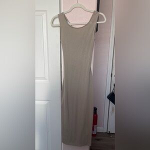 Tan Pleated Ribbed Maxi Dress Mock Neck